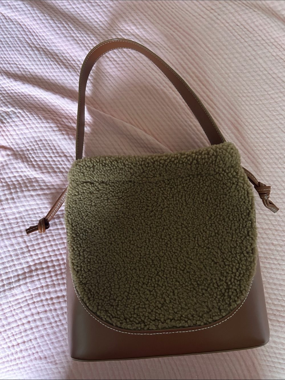 Olive Shearling-Front Shoulder Bag